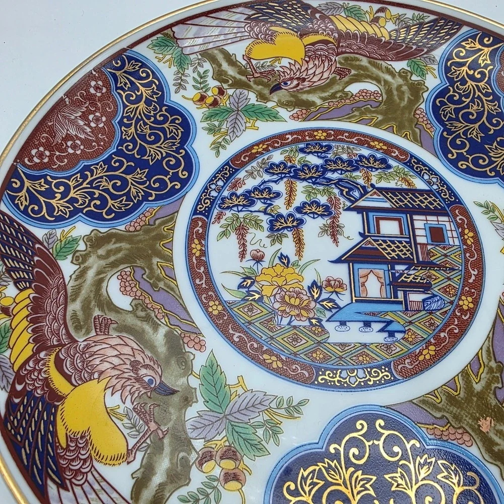 Vintage Japanese Imari‎ Porcelain Flowers And Pagoda Dish 10.25